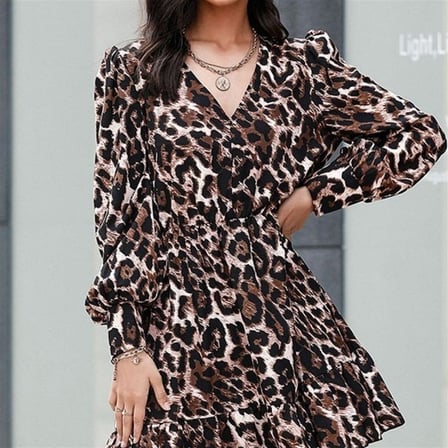 Kadın Uzun Kollu Leopar Desen Krep Elbise Beli Lastikli Volanlı