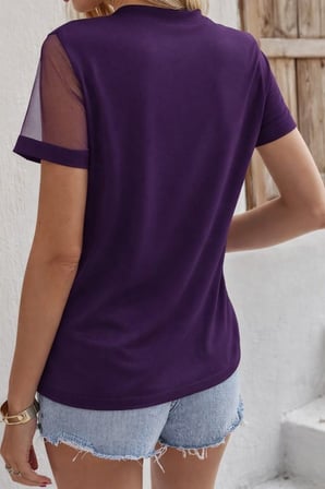 Kadın Kısa Kollu Tül Detaylı Taşlı Janjan Krep Bluz - Mor