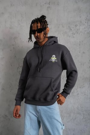 Erkek Gri Kapşonlu Sweat - Kordonlu Maske Baskılı