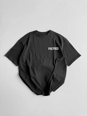 Baskılı Oversize Bisiklet Yaka T-shirt - Siyah