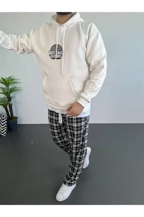 Erkek Beyaz Baskılı Oversize Kapüşonlu Üç İplik Sweatshirt
