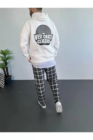 Erkek Beyaz Baskılı Oversize Kapüşonlu Üç İplik Sweatshirt
