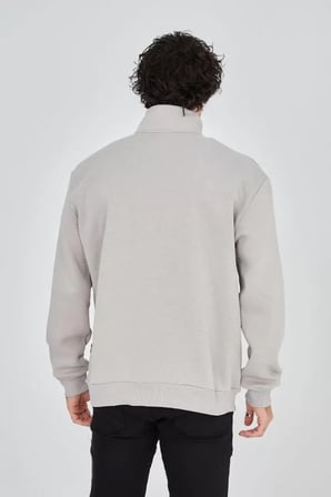 Boyalı Gri Erkek Baskılı Yarım Fermuarlı Sweat