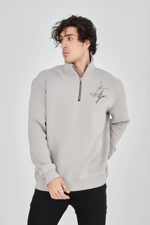 Boyalı Gri Erkek Baskılı Yarım Fermuarlı Sweat