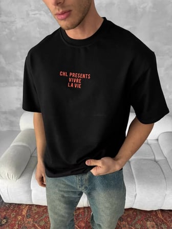 Siyah Oversize Bisiklet Yaka T-shirt - Ön ve Arka Baskılı