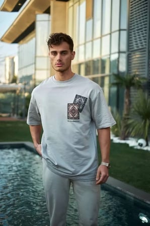 Boyalı Gri Unisex Oversize T-Shirt - Bisiklet Yaka Baskılı