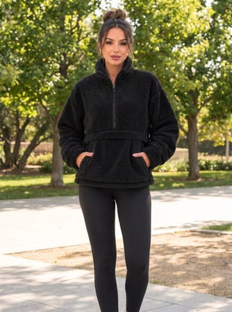 Kadın Peluş Wellsoft Sweatshirt Yarım Fermuarlı Kanguru Cepli