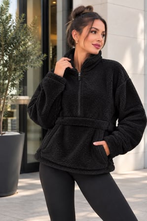 Kadın Peluş Wellsoft Sweatshirt Yarım Fermuarlı Kanguru Cepli