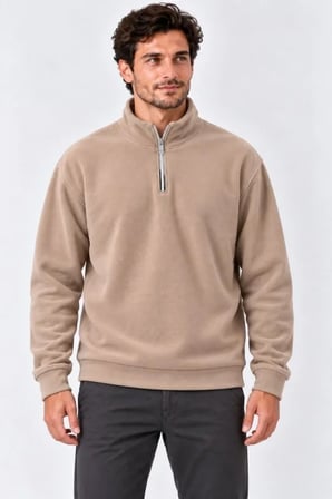 Erkek Polar Dik Yaka Yarım Fermuarlı Uzun Kollu Regular Fit Kışlık Sweatshirt - Bej