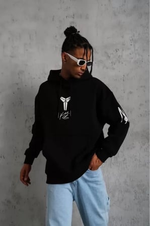 Unisex Siyah Oversize Kapüşonlu Sweatshirt - Sırt Baskılı Üç İplik