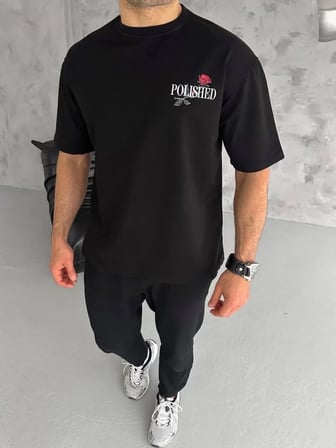 Unisex Oversize Bisiklet Yaka Baskılı T-Shirt - Siyah