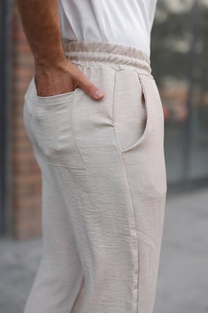 Erkek Pera Keten Pantolon Beli Lastikli Bej