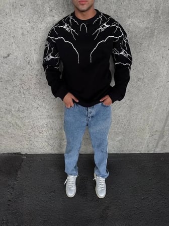 Siyah Bisiklet Yaka Sweatshirt - Yıldırım Baskılı