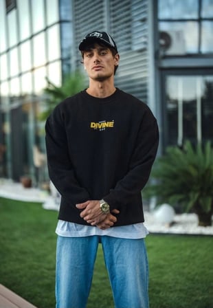 Erkek Siyah Bisiklet Yaka Baskılı Kışlık Sweatshirt 2XL