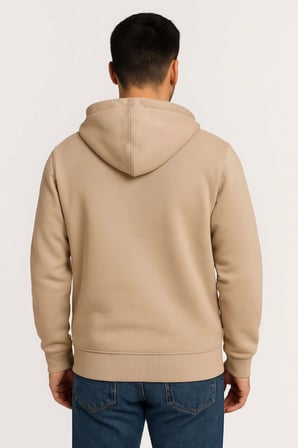 Erkek Üç İplik Kapüşonlu Tam Fermuarlı Kanguru Çepli SweatShirt Hoodie - Bej