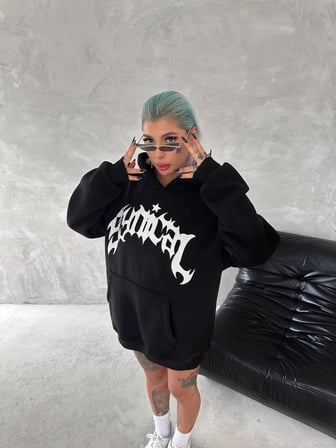 Siyah Unisex Baskılı Kapşonlu Üç İplik Sweatshirt