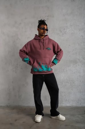 Erkek Kapüşonlu Sweatshirt Üç İplik İçi Pamuklu Alev Baskılı Gül Kurusu