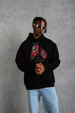 Erkek Siyah Kapüşonlu Sweat - Eldiven Baskılı