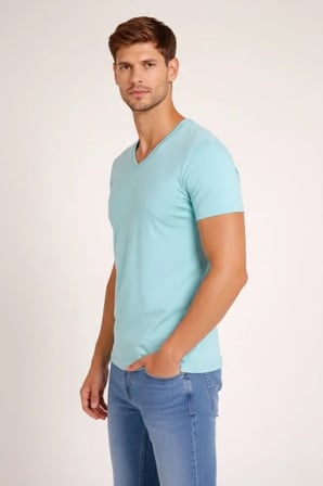Erkek V Yaka Slim Fit Likralı Basic Tişört - Turkuaz