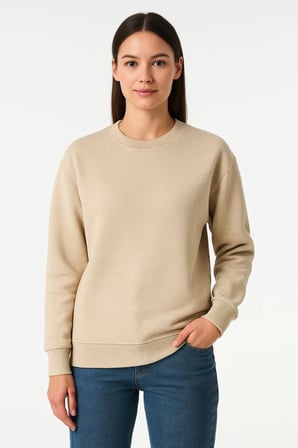 Üç İplik Düz Bisiklet Yaka Bej Sweatshirt