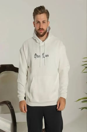 Erkek Oversize Üç İplik Kapüşonlu Sweatshirt - Beyaz Sırt Baskılı