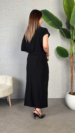 Kadın Tek Omuzdan Açık Beli Lastikli Kısa Kollu Sandy Maxi Elbise
