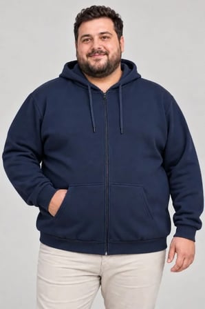 Erkek Büyük Beden Üç İplik Şardonlu Kapüşonlu Fermuarlı Sweatshirt Lacivert