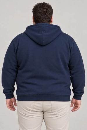Erkek Büyük Beden Üç İplik Şardonlu Kapüşonlu Fermuarlı Sweatshirt Lacivert