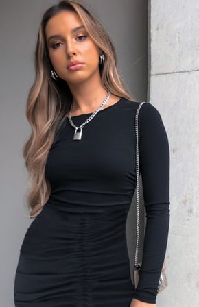 Kadın Uzun Kollu Bisiklet Yaka Ön Büzgülü Mini Kaşkorse Elbise