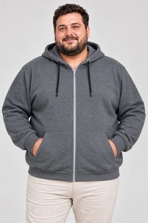 Erkek Battal Büyük Beden Üç İplik İçi Şardonlu Kapüşonlu Tam Fermuarlı Kışlık Sweatshirt - Füme