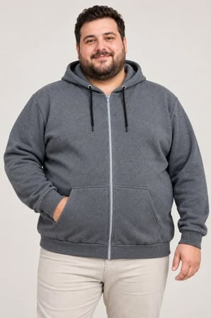 Erkek Battal Büyük Beden Üç İplik İçi Şardonlu Kapüşonlu Tam Fermuarlı Kışlık Sweatshirt - Füme