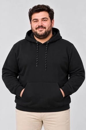 Erkek Büyük Beden Üç İplik Şardonlu Kapüşonlu Kanguru Cepli Sweatshirt - Siyah