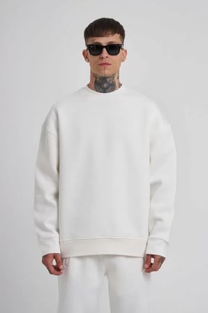 Beyaz Unisex Biskilet Yaka Üç İplik Sweatshirt