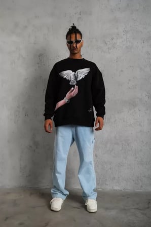 Erkek Siyah Güvercin Baskılı Sweatshirt