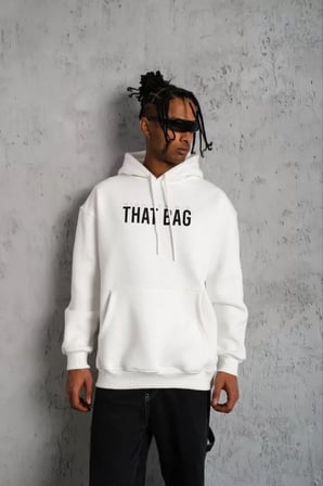 Erkek Beyaz Kapüşonlu Sweatshirt Kanguru Cep Baskılı