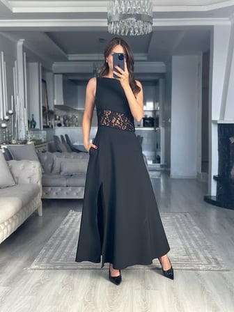 Kadın Uzun Janjan Krep Elbise Dantelli Açık Bel Yırtmaçlı