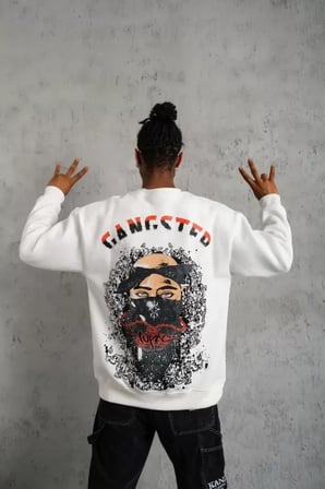Erkek Beyaz 3 İplik Gangster Baskılı Sweatshirt