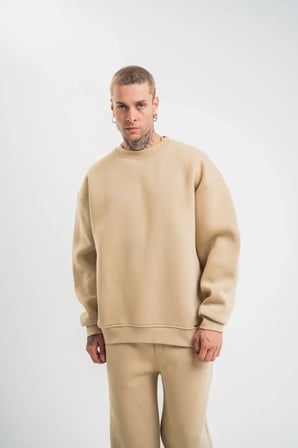 Bej Uzun Kol Bisiklet Yaka Basic Sweatshirt - L Beden