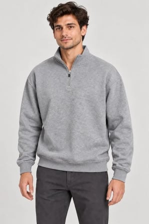 Erkek Üç İplik İçi Şardonlu Dik Yaka Yarım Fermuarlı Kışlık Sweatshirt - Grİ