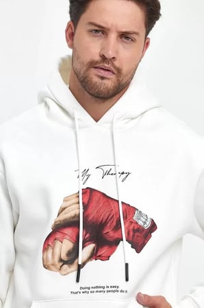 Unisex Kapüşonlu Oversize Sweatshirt - Üç İplik Baskılı Beyaz