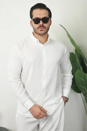Erkek Uzun Kollu Beyaz Keten Gömlek Pantolon Alt Üst Takım XL