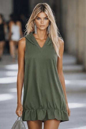 Kadın Kısa Modal Elbise Kapüşonlu Kolsuz Haki L-XL