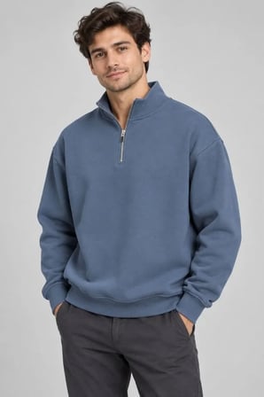 Erkek Üç İplik İçi Şardonlu Dik Yaka Yarım Fermuarlı Kışlık Sweatshirt - Mavi