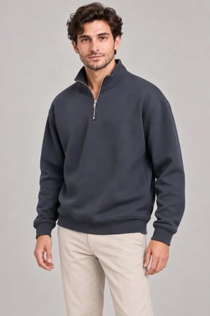 Erkek Füme Dik Yaka Yarım Fermuarlı Şardonlu Kışlık Sweatshirt