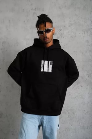Erkek Kapşonlu Sweat - Ön Arka Baskılı Siyah