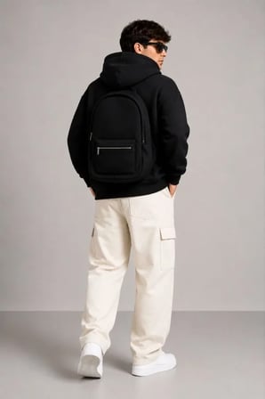 Erkek 3 İplik Şardonlu Tam Fermuarlı Kapüşonlu Arka Çanta Detaylı Sweatshirt - Siyah