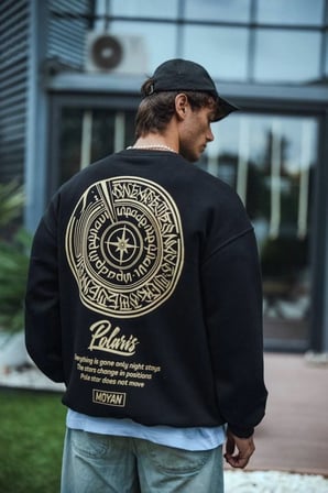 Bisiklet Yaka Ön Arka Baskılı Kışlık Sweatshirt - Siyah
