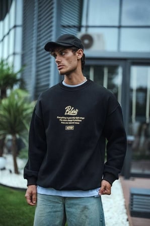 Bisiklet Yaka Ön Arka Baskılı Kışlık Sweatshirt - Siyah