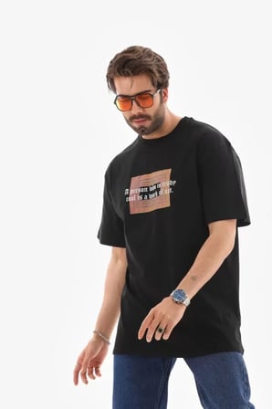Unisex Bisiklet Yaka Baskılı Oversize T-Shirt Siyah S Beden