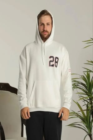 Erkek Oversize Kapüşonlu Sweatshirt Sırt ve Ön Baskılı Kanguru Cepli Siyah Beyaz